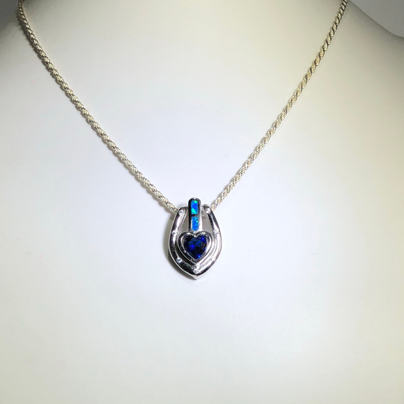 For My Love Sterling Heart Sapphire Opal 925 Silver Rope Necklace - Picture 6 of 7